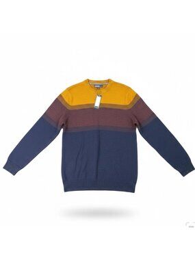 Commerce Mens Yellow Burgundy Blue Cotton Blend Crewneck Colorblock Sweater Sz L